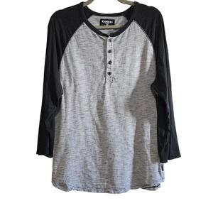 Sporty Express Henley Top Women's Large Gray Black Raglan 3/4 Sleeve Striped Tee